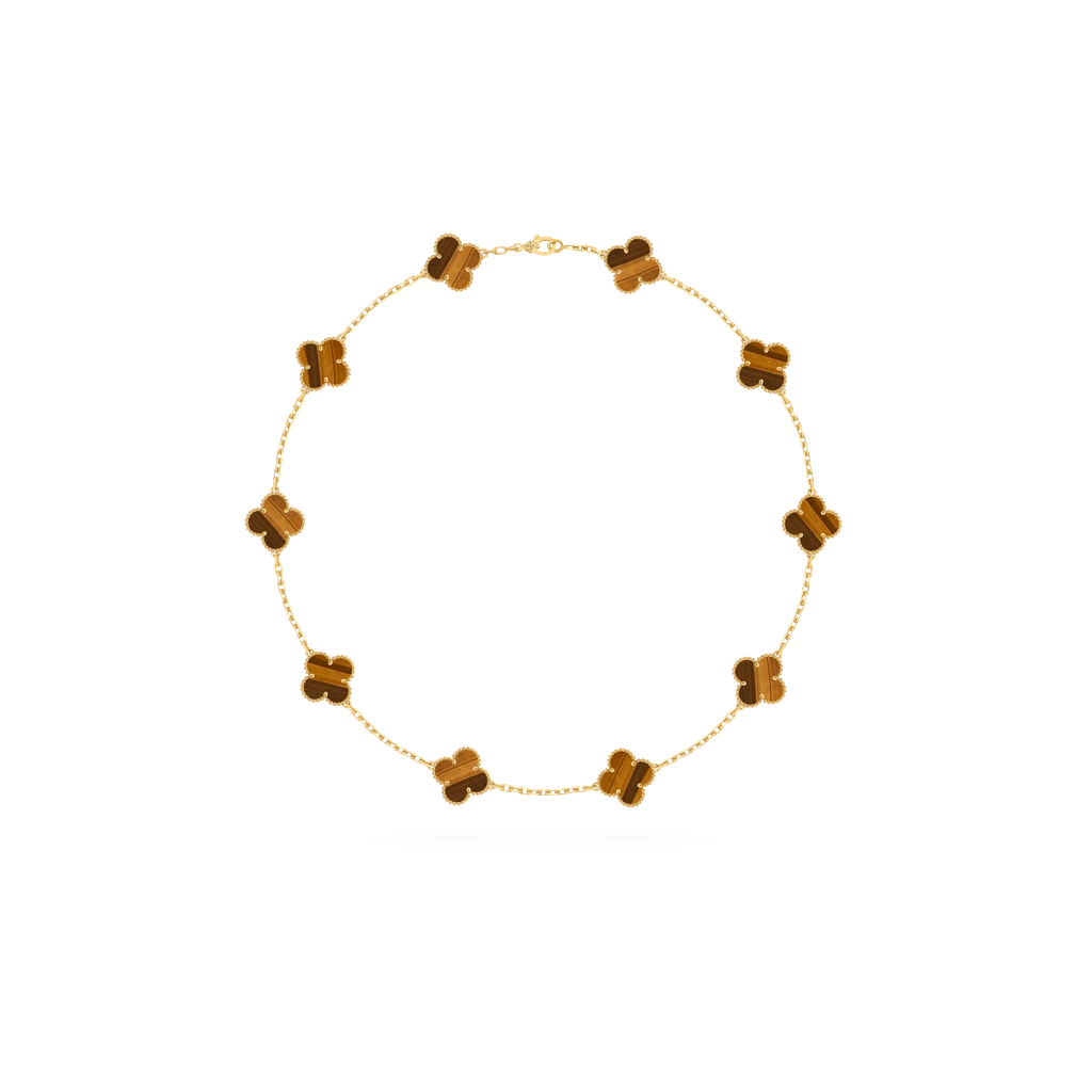 Van Cleef & Arpels Vintage Alhambra 10 Motif 18K Yellow Gold Tiger Eye Necklace
