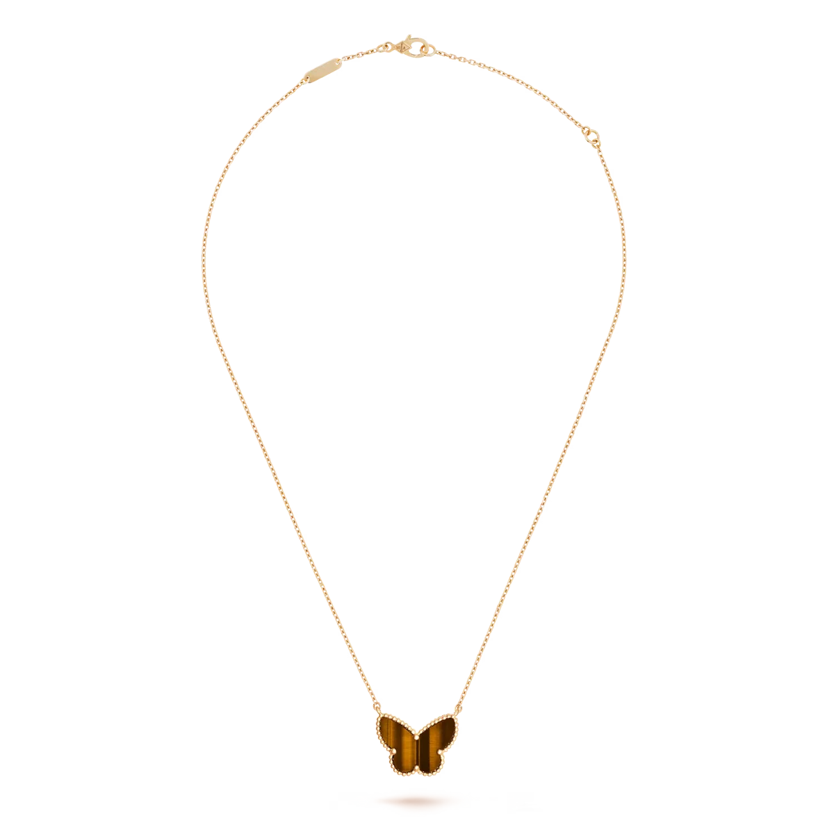 Van Cleef & Arpels Vintage Alhambra 1 Motif 18K Yellow Gold Tiger-Eye Butterfly Necklace — authentic pre-owned Van Cleef & Arpels Vintage Alhambra 18K Yellow Gold Tiger Eye, XII JEWELLERS London
