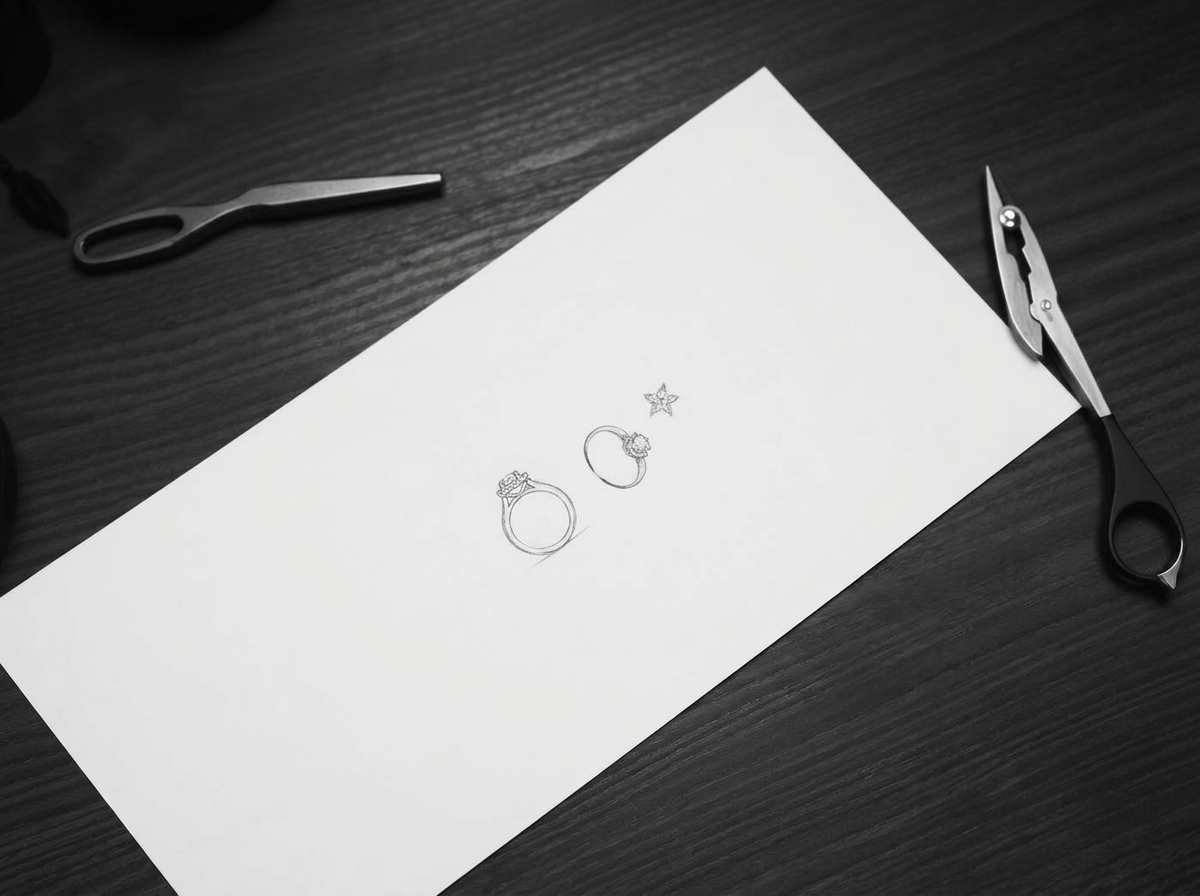 A XII jeweller hand-sketching a bespoke engagement ring design at the workbench