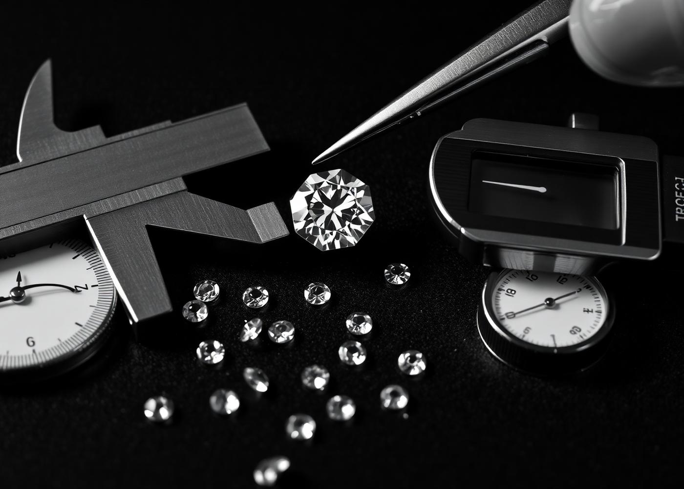 A jeweller measuring a loose brilliant cut diamond with calipers