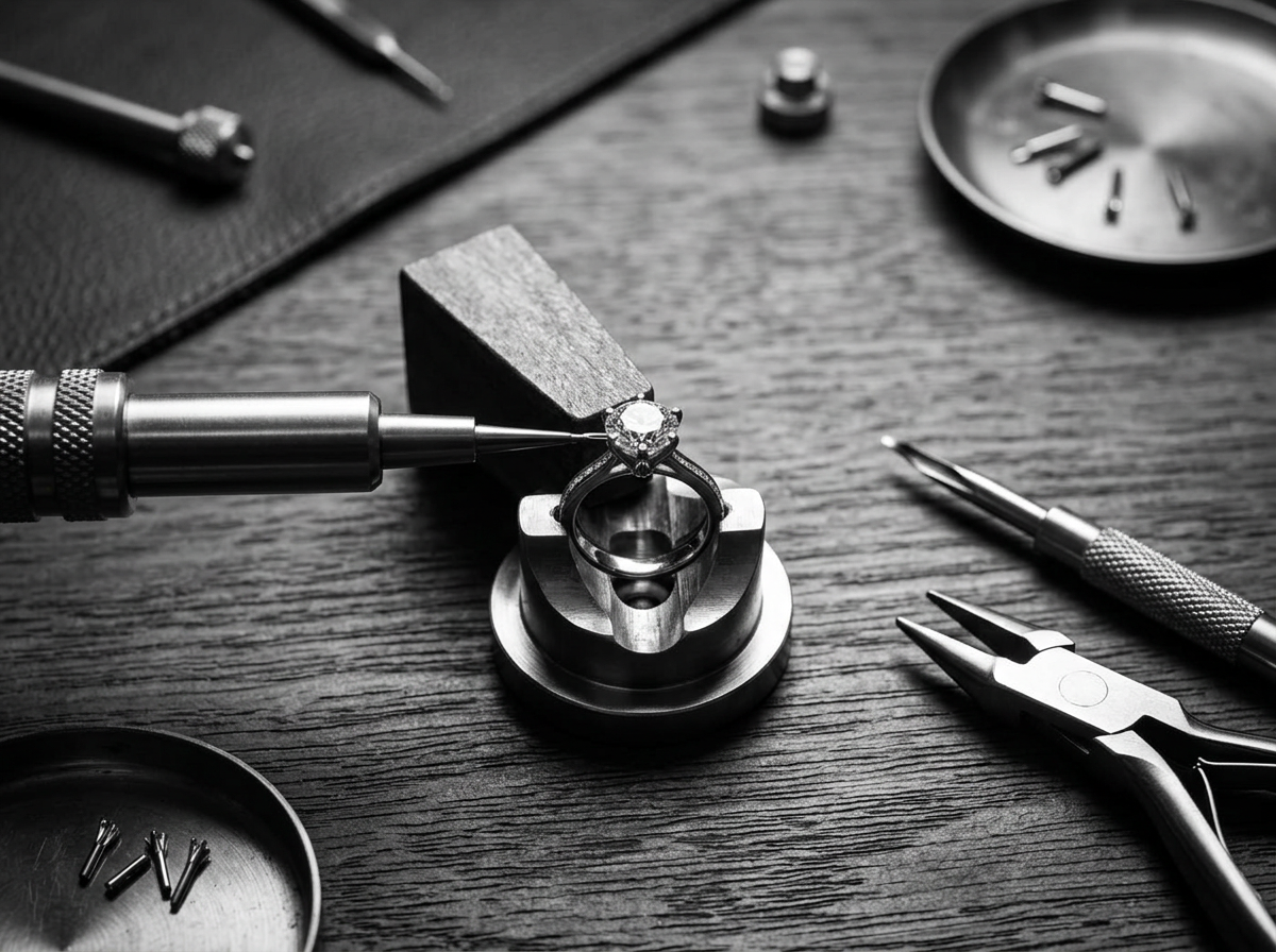 A craftsman setting a diamond into a ring at the bench