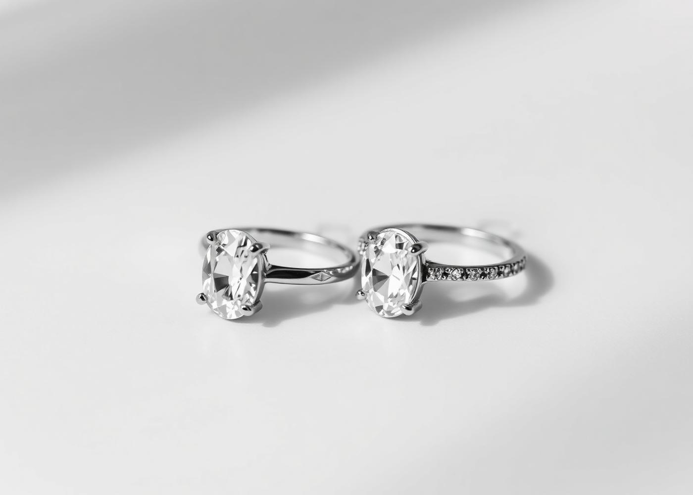 Two finished oval diamond engagement rings displayed side by side
